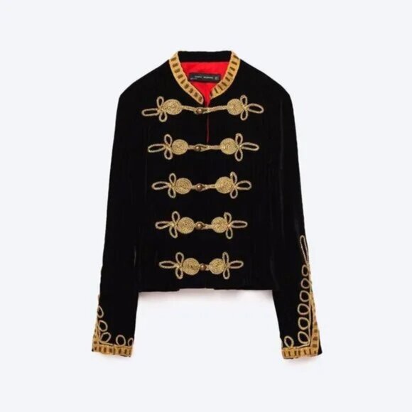 Zara Velvet Toggle Military Jacket in Black Velvet Gold Trim - Picture 1 of 13